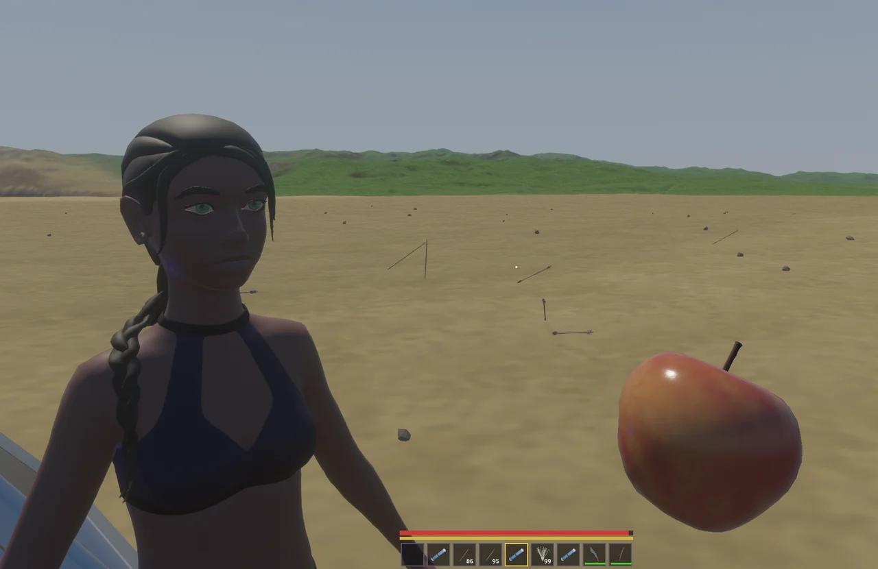 Eve beside a held apple, for scale.