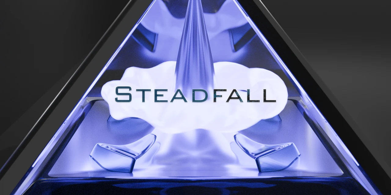 A Steadfall banner concept: the wordmark over the glowing core of the Logos Drive.