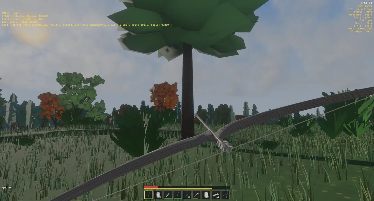 The bow held in first person in the tool poser, out in the meadow.