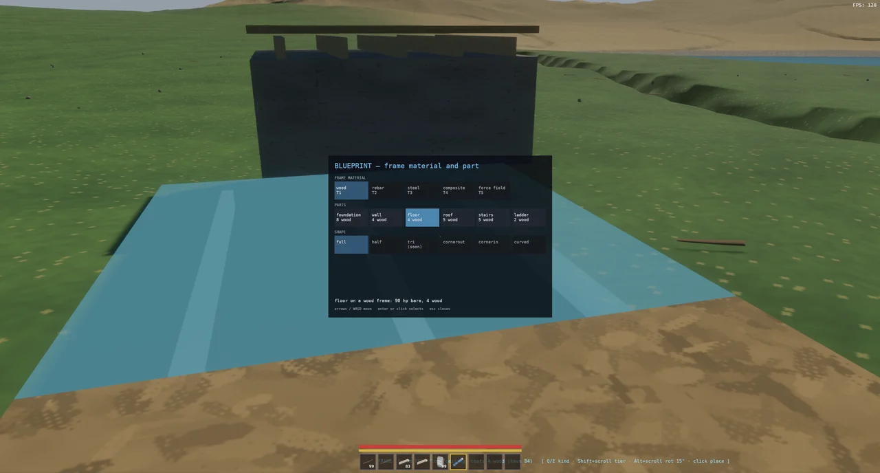The build menu, still a work in progress: frame materials, parts and shapes in rows, with the cost and health of the selection underneath.