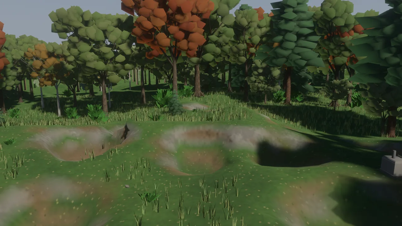 Dug craters in a forest meadow, autumn trees behind.