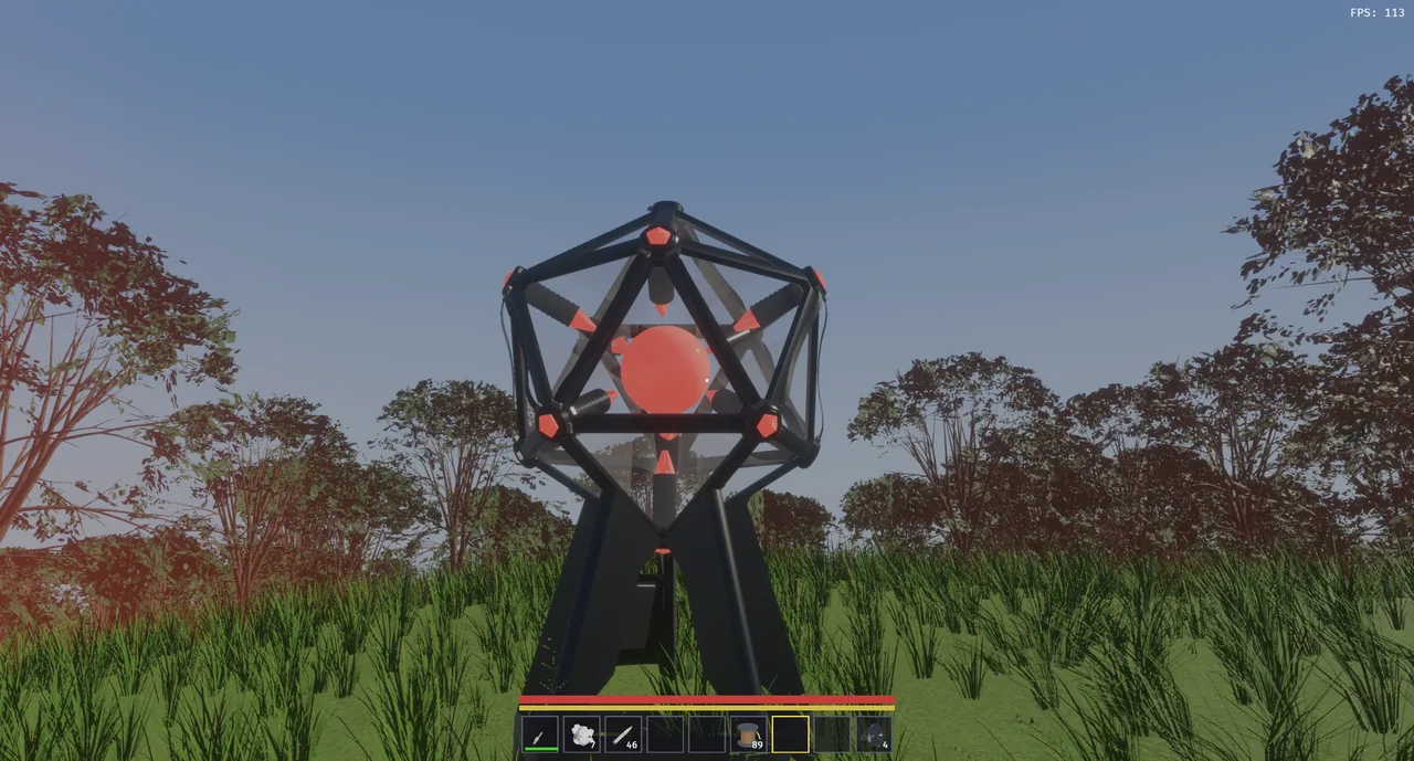 The Shell Emitter standing in a grassy clearing, its caged core glowing red.