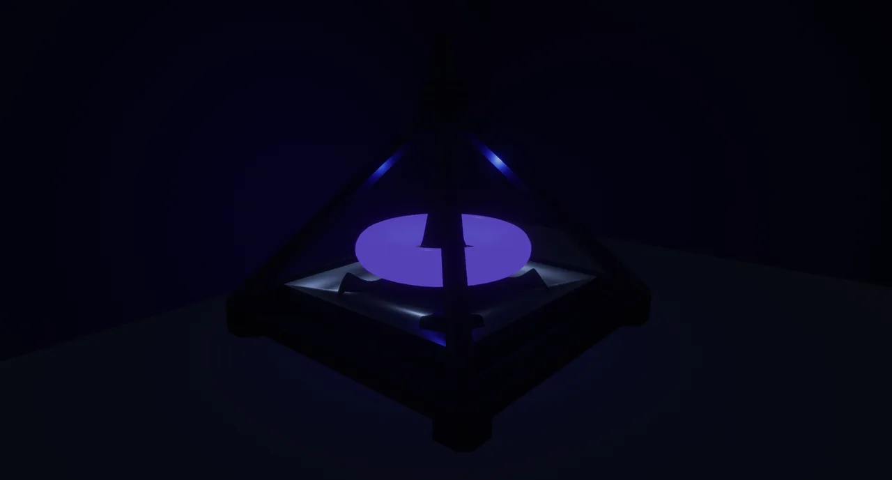 The force field emitter, rendered, its ring glowing violet in the dark.