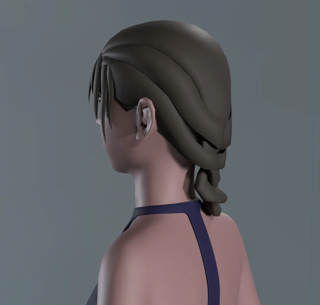 The Eve character model in progress, hair and braid from behind.