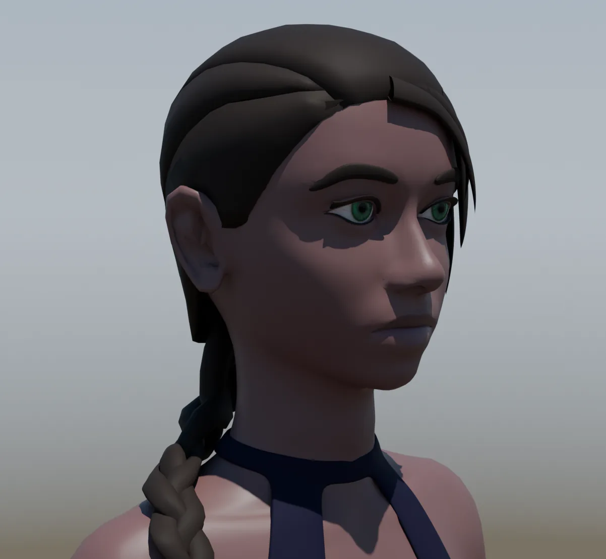 The Eve head lit, green eyes and a braid.
