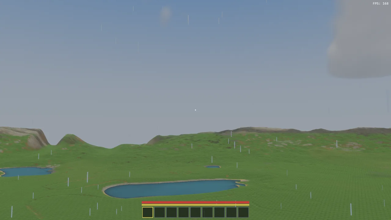 The ground before: flat green terrain with no grass on it, and the old flat blue ponds in the rain.