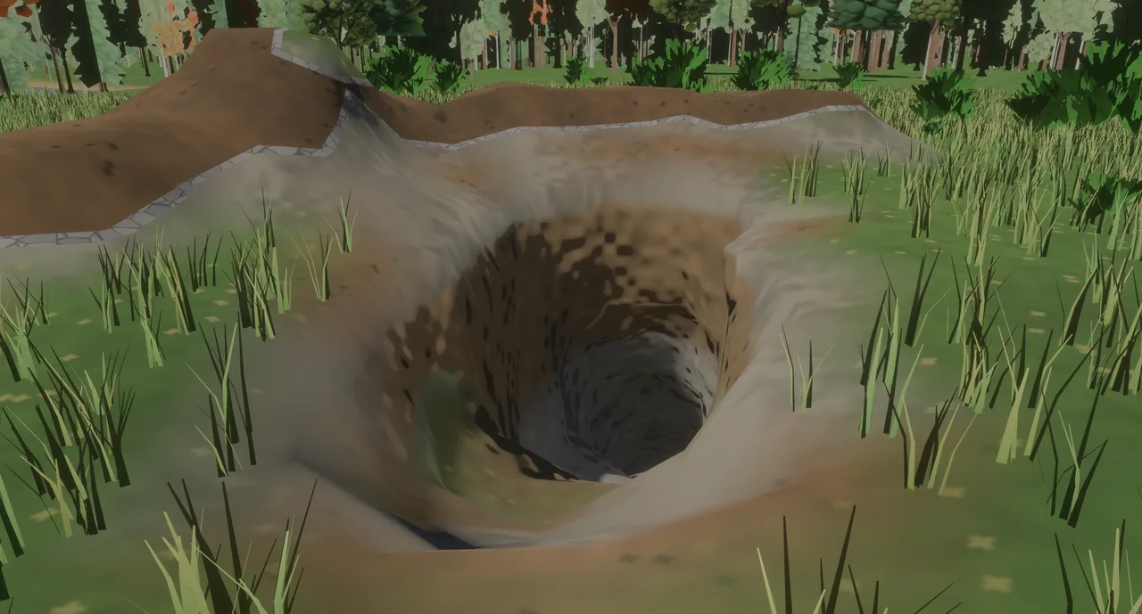 A dug hole curving down into the dark, rock showing at its rim.
