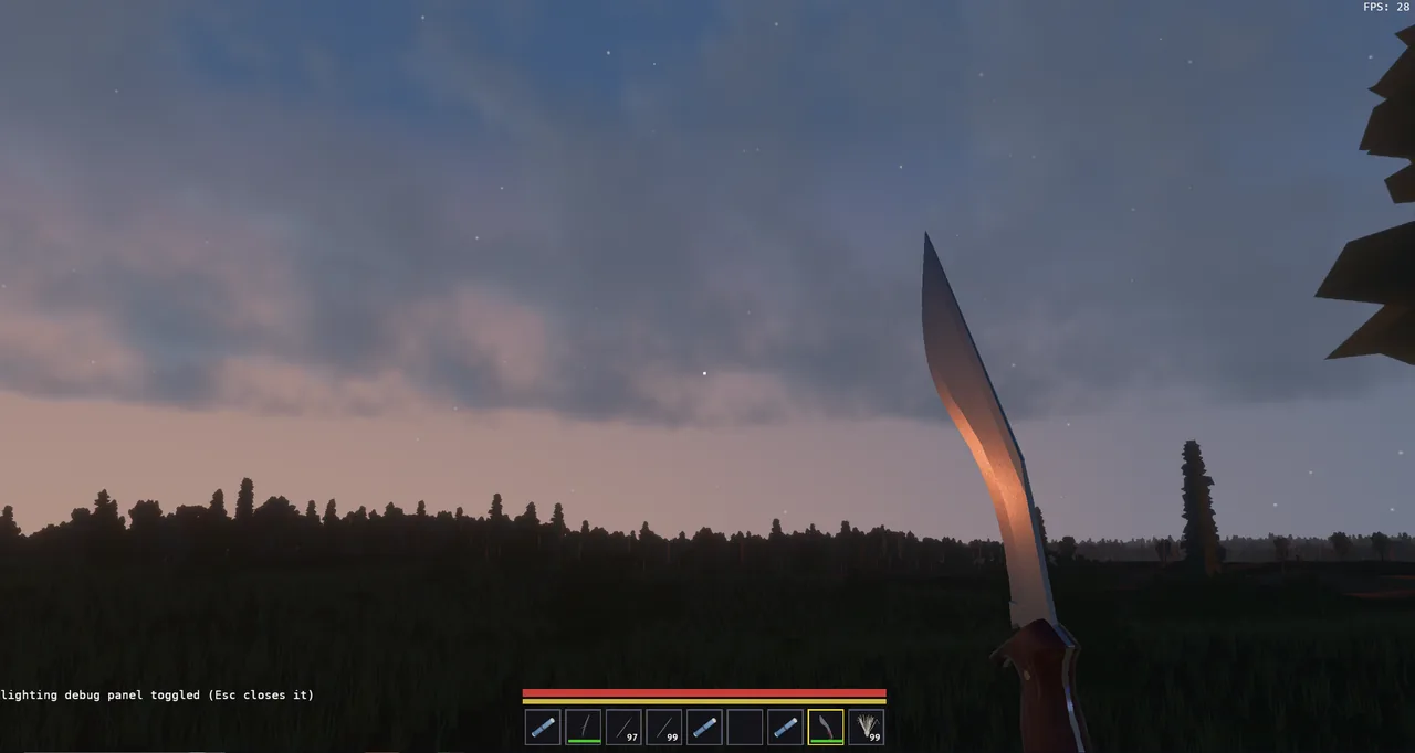 The kukri raised against a dusk sky, the blade catching the last of the orange light.