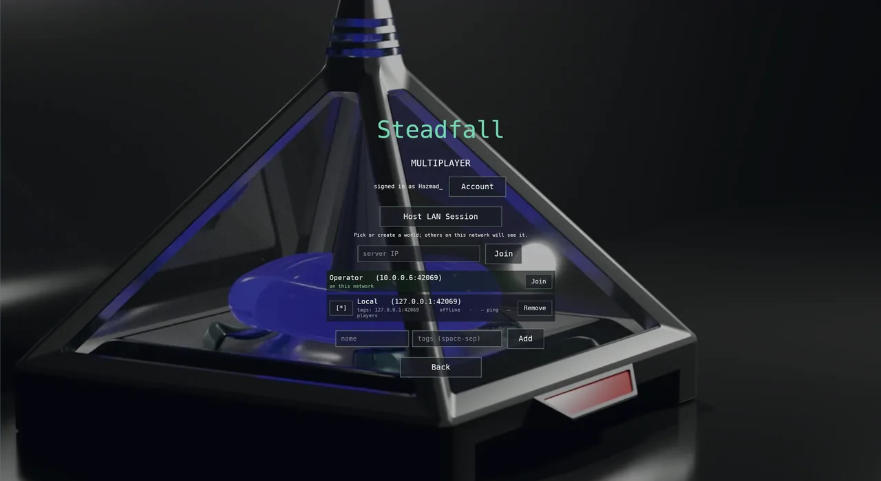 The multiplayer menu: signed in, a Host LAN Session button, and a server list with one host found on the network.