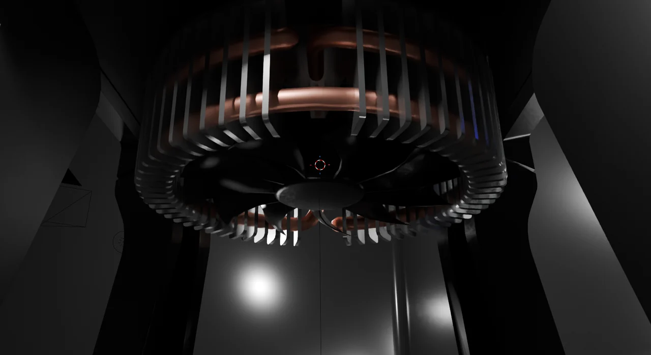 Under the stand: the coil, the fins and the fan.