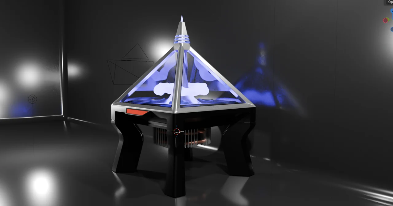The Logos Drive mounted on its stand, glowing blue.