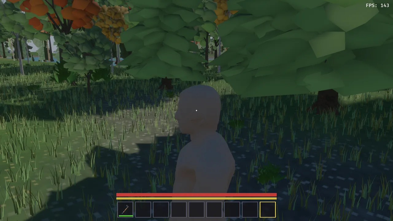 The clay mannequin player model standing in the grass under the trees, seen in third person.