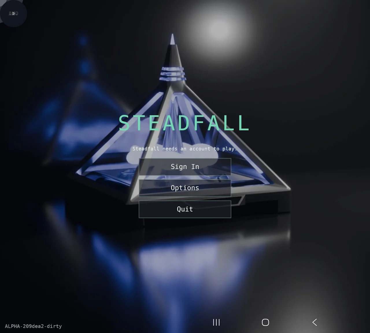 The Steadfall main menu on an Android phone, over the Logos Drive render, with Sign In, Options and Quit.