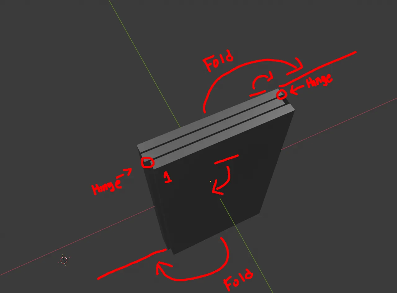 The tri fold concept: a flat tablet in three panels, with hand drawn arrows showing where it folds on two hinges.