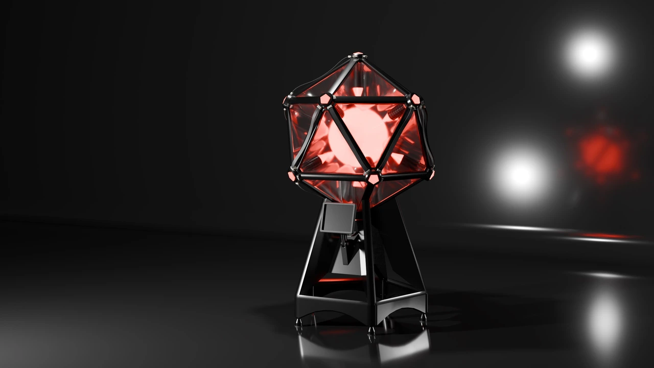 A finished render of the Shell Emitter on a glossy black floor, its caged core glowing red.