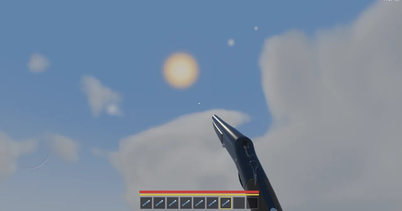 The shotgun held in first person, pointed at the sun on a clear day.
