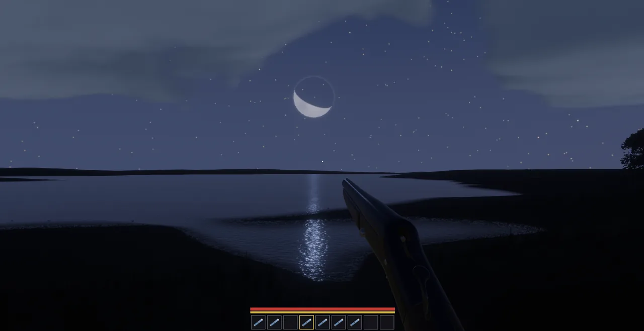 The shotgun held in first person at night, the moon reflected on a lake.