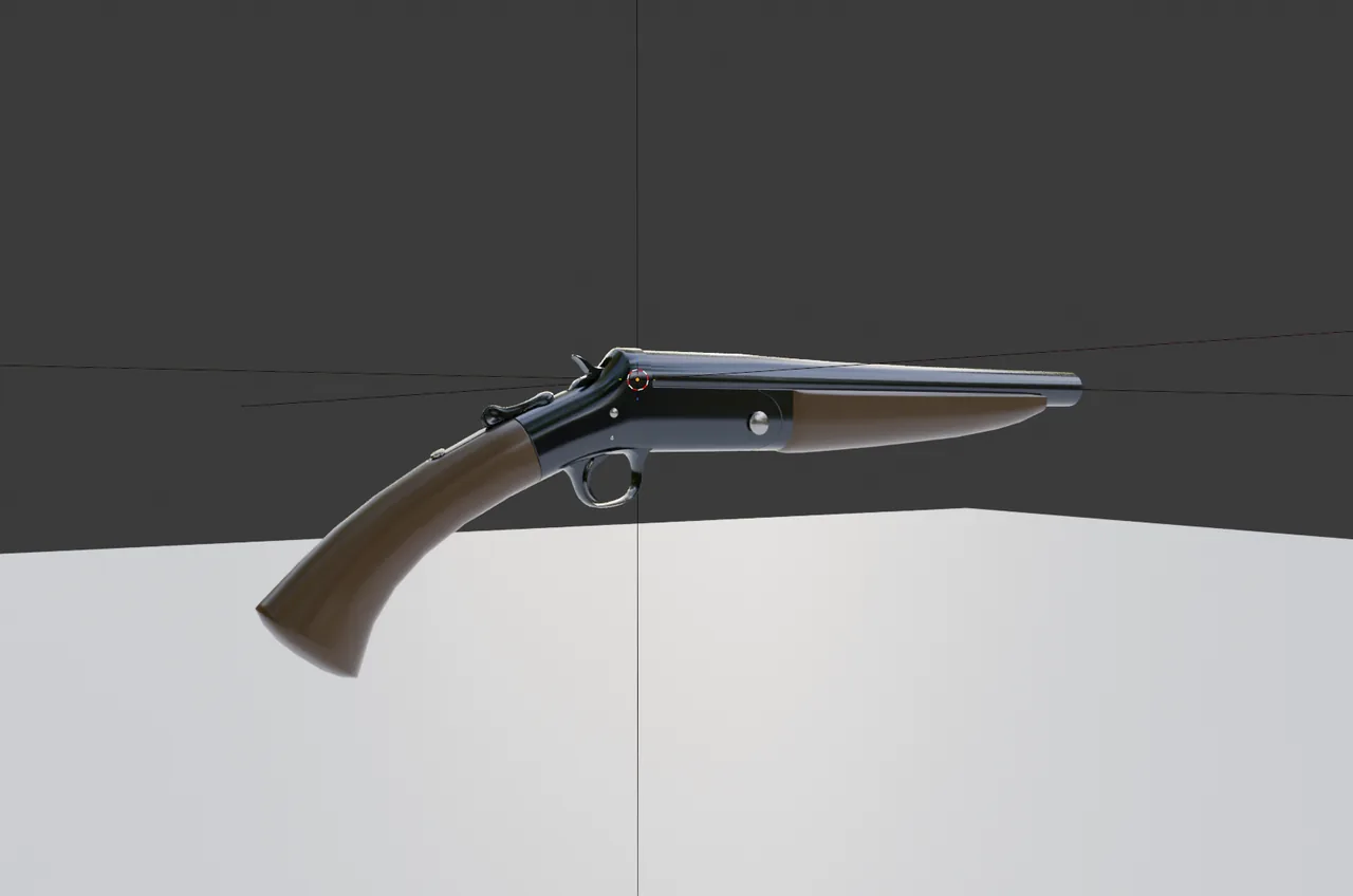 The break action shotgun with a blued receiver and a wooden grip and forend.