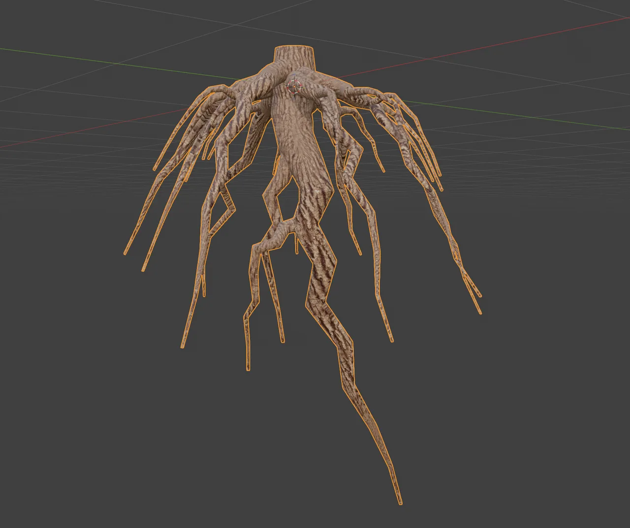 The tree's root system on its own, textured with bark.