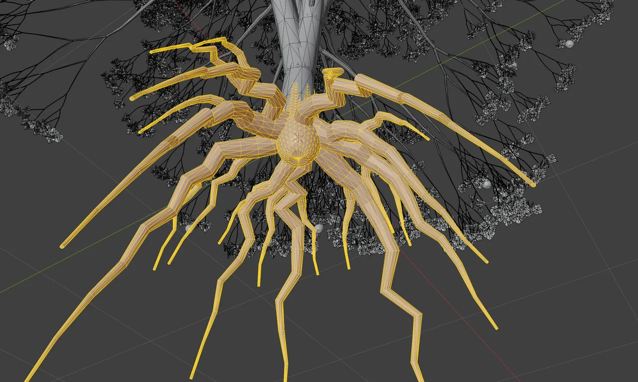 The root mesh in wireframe beneath the trunk and canopy.