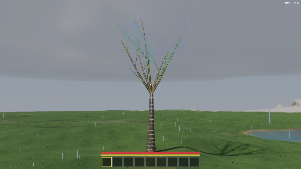 A grown tree with its skeleton drawn over it, each level of branching in its own colour.