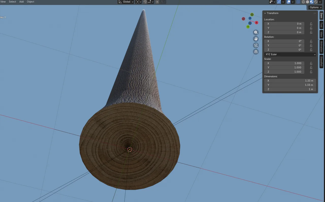 A procedural trunk in the modeling kit, growth rings on the cut face.