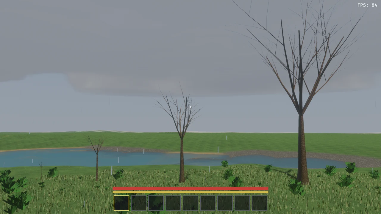 The first procedurally grown trees by a pond, bare branches tapering to twigs.