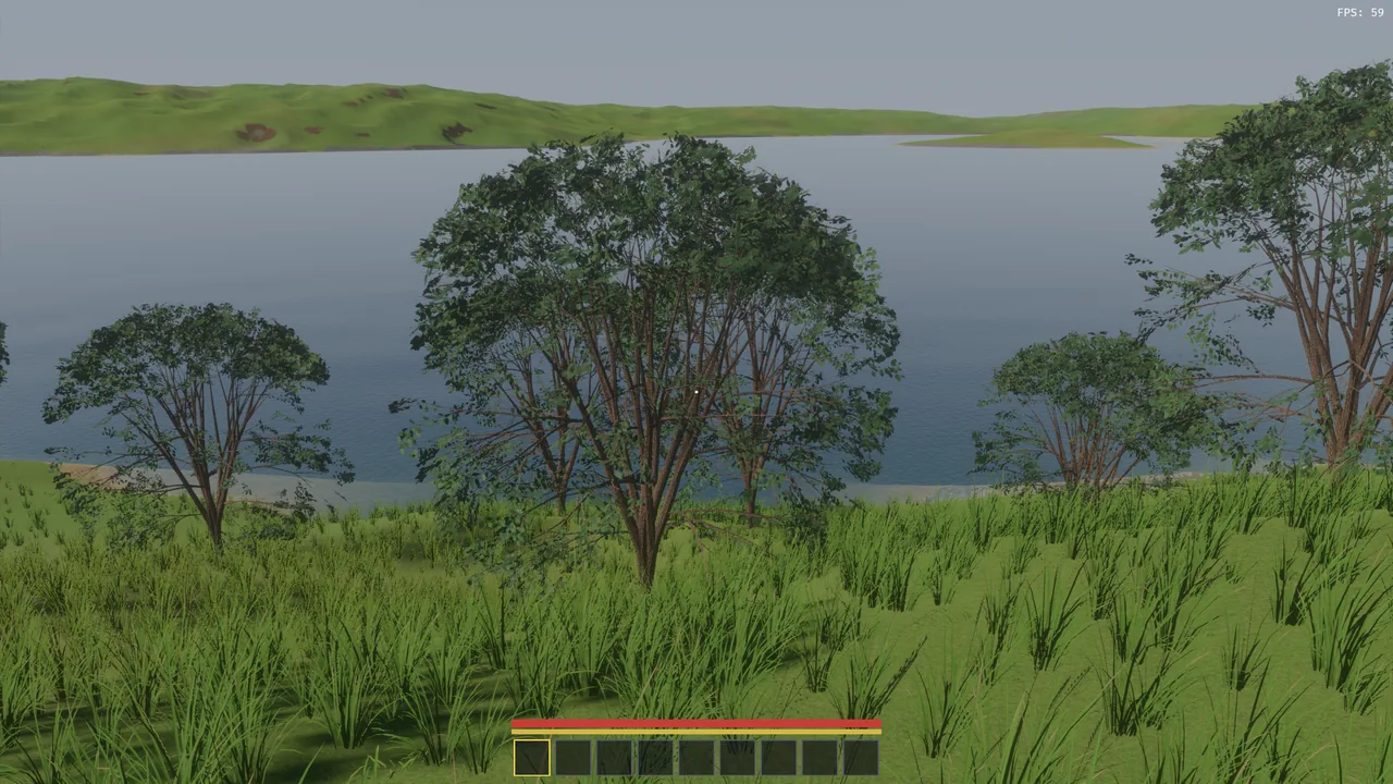 A row of apple trees on a grassy slope above the lake.