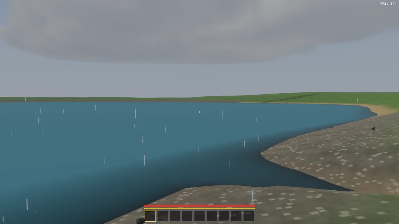 The old water in the rain: a flat, opaque blue sheet that shows nothing beneath it.