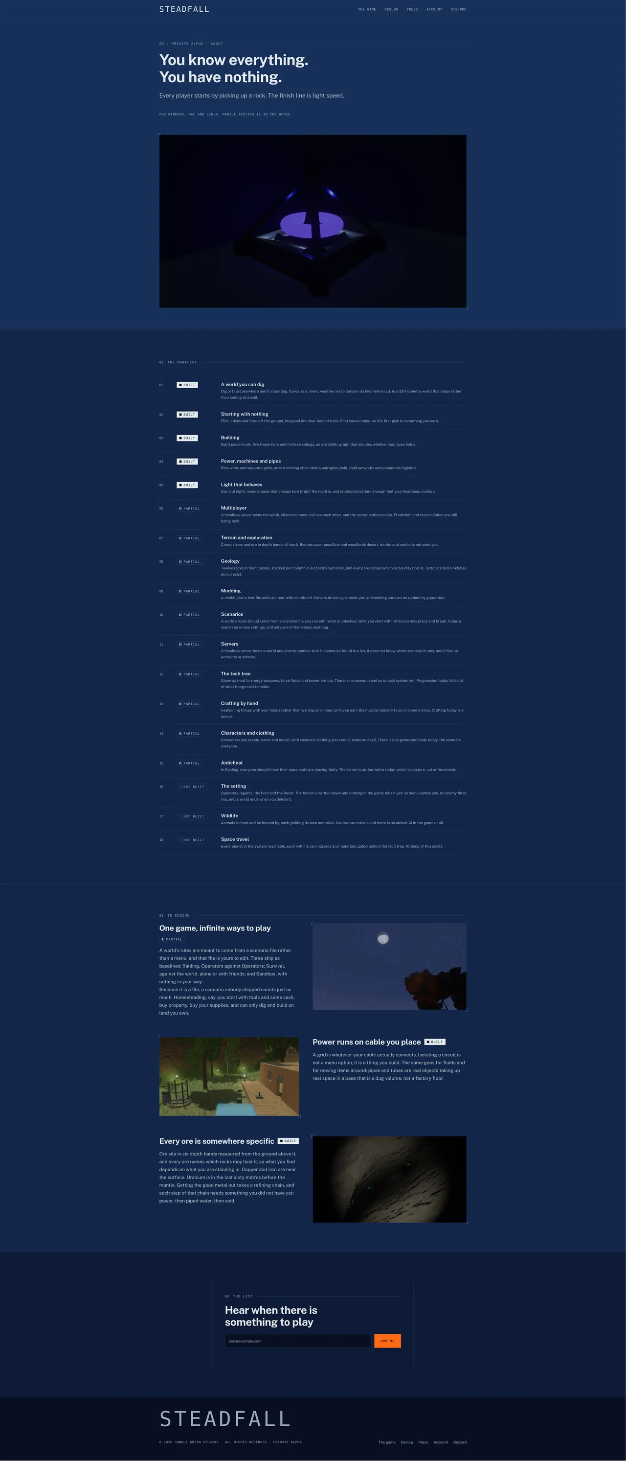 The steadfall.com home page: the tagline, the manifest with its state chips, and the in engine figures.