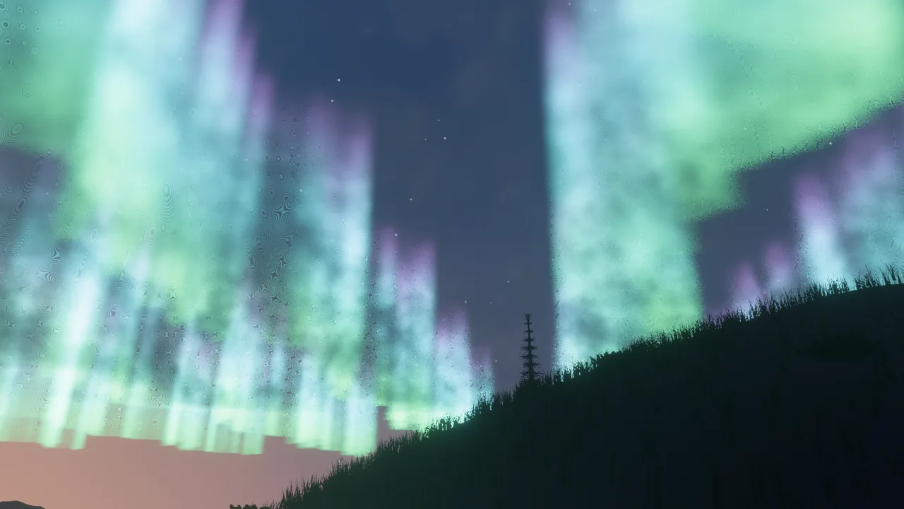 An aurora in green and violet curtains over a dark grassy ridge with a single fir tree.