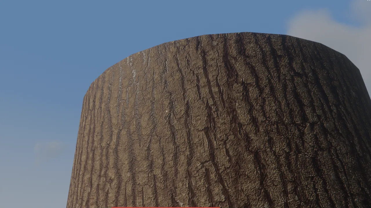 A tree trunk so large it fills the sky, its bark textured in full detail, seen from the ground beside it.