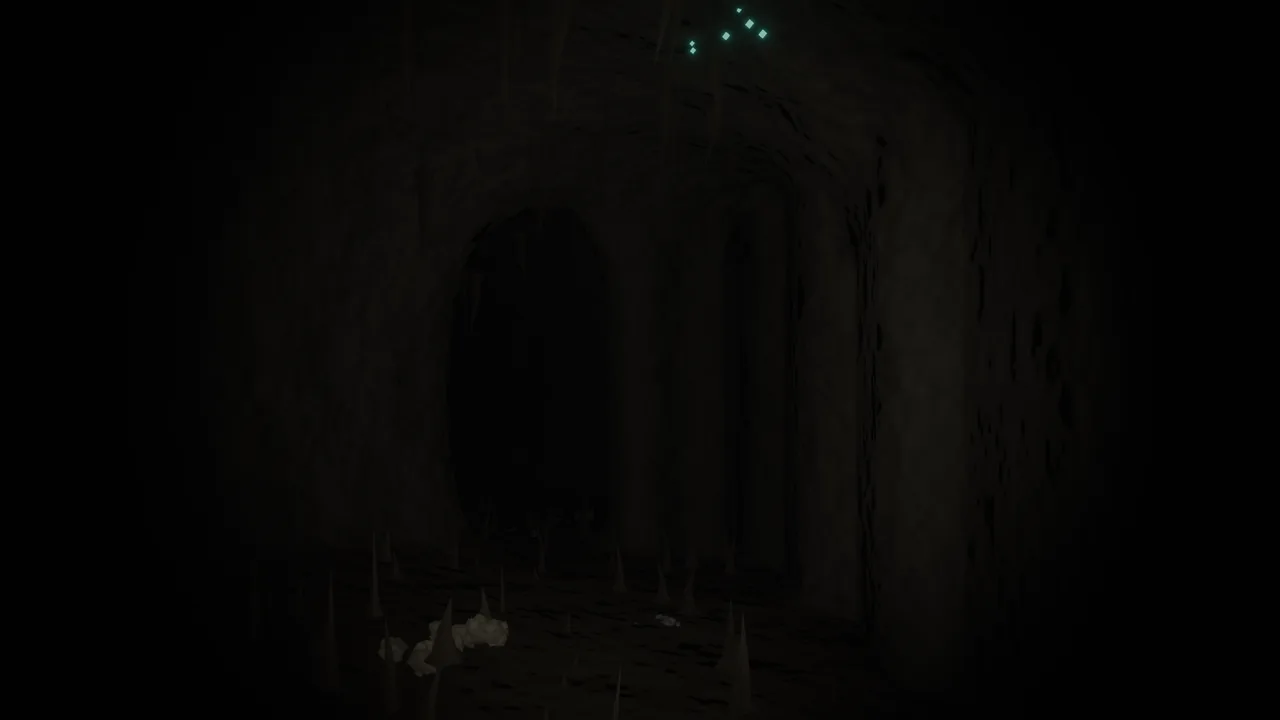 A dark cave passage with stalagmites rising from the floor and a few crystals glinting in the ceiling, barely lit.