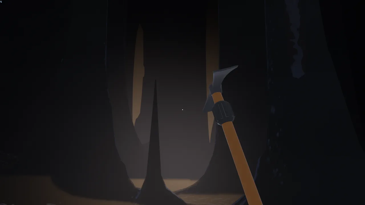 A vast dark cavern, a rock spire rising from its floor in a shaft of warm light, a pickaxe in hand.