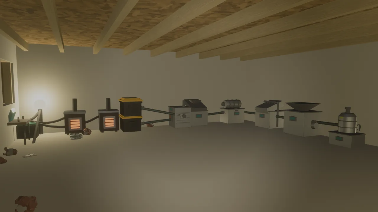 A row of machines along the wall of a wood-beamed room, furnaces glowing, joined machine to machine by pipes and tubes, lit by a single wall light.