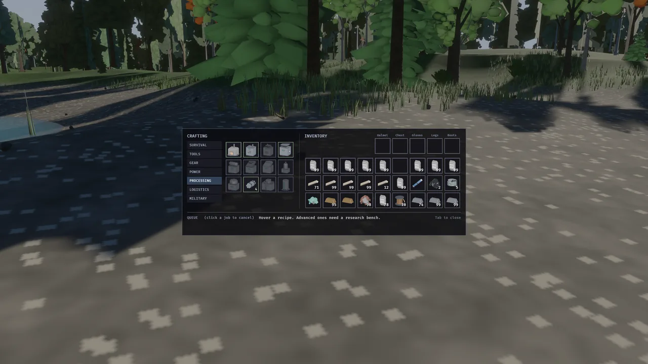 The crafting menu open on a riverbank: recipe categories from survival to military on the left, an inventory of parts and ingots on the right, and a note that advanced recipes need a research bench.