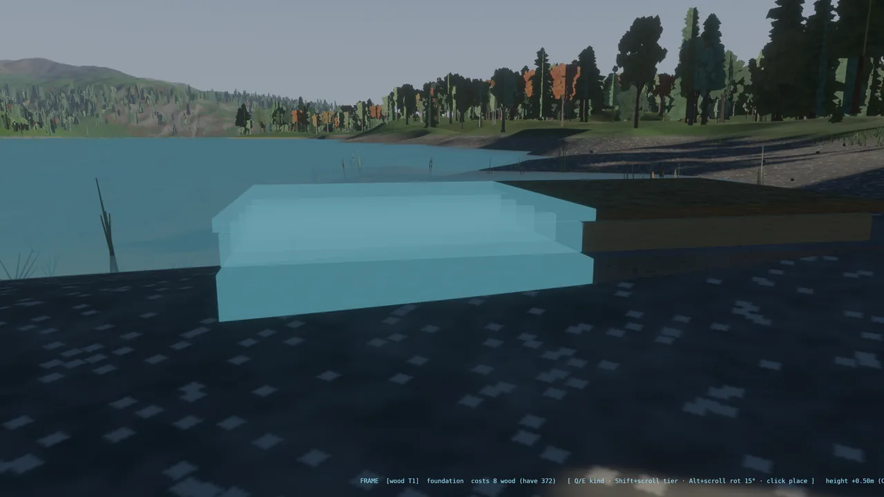 A translucent foundation ghost hovering over the water beside a placed dock, with the build readout naming the piece, its tier and its cost in wood.