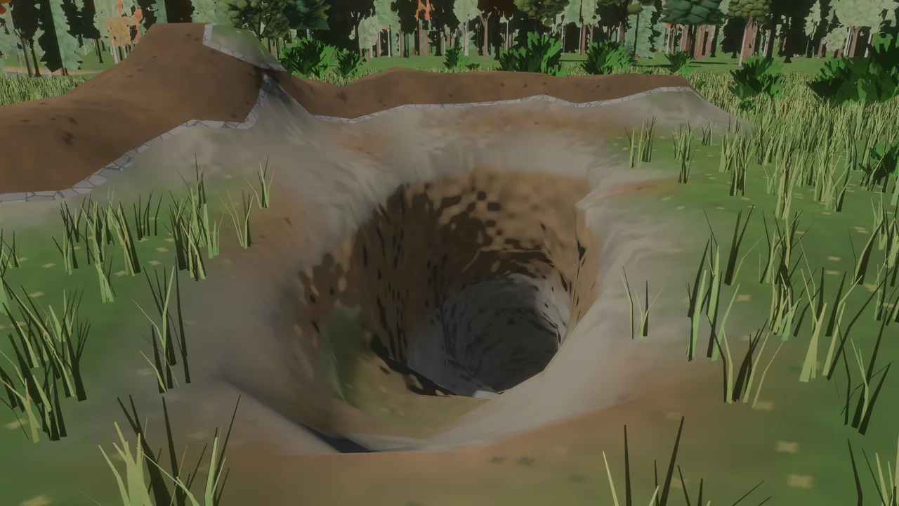 A wide hole dug into a grassy meadow, curving down into the dark, with rock breaking through the turf at its rim and forest behind.