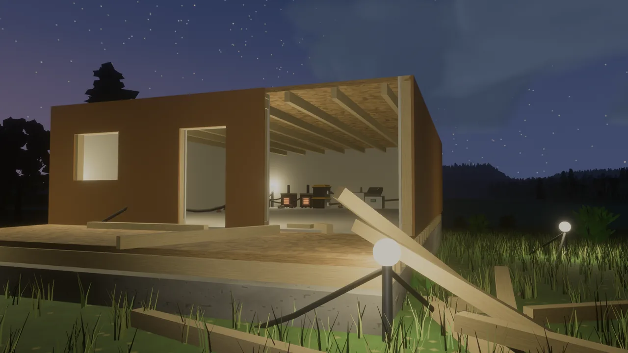 A half-built house under a starry sky, one wall still open to the beams, machines lit inside, garden lamps and loose lumber in the grass outside.