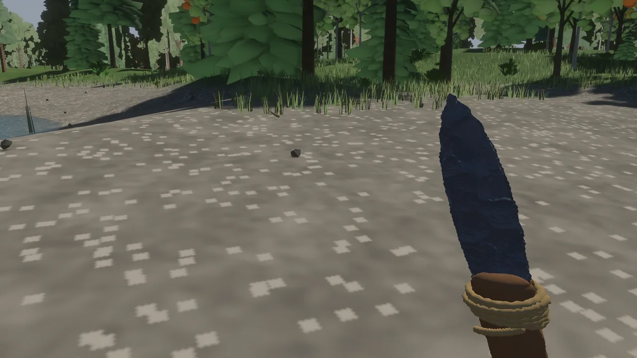 A knapped flint knife with a rope-bound wooden handle, held in first person on a stony riverbank at the edge of a forest.