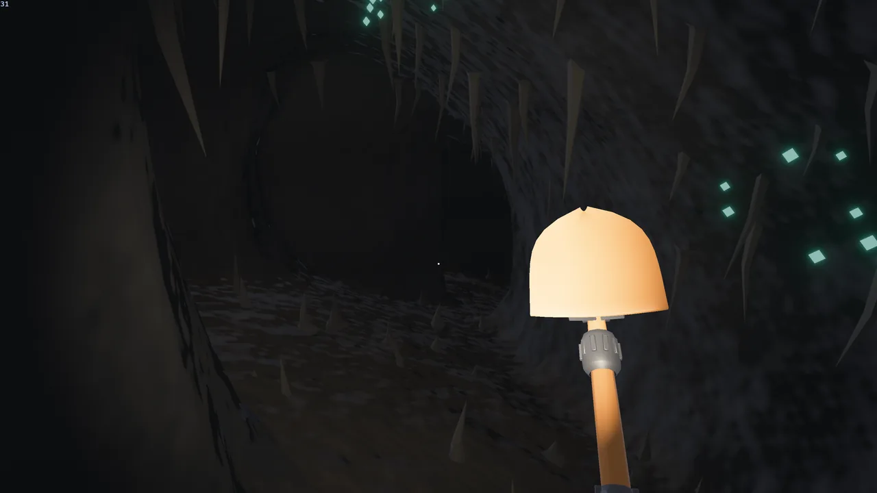 A held lamp lighting a cave passage, with pale green crystals glinting from the walls and ceiling.