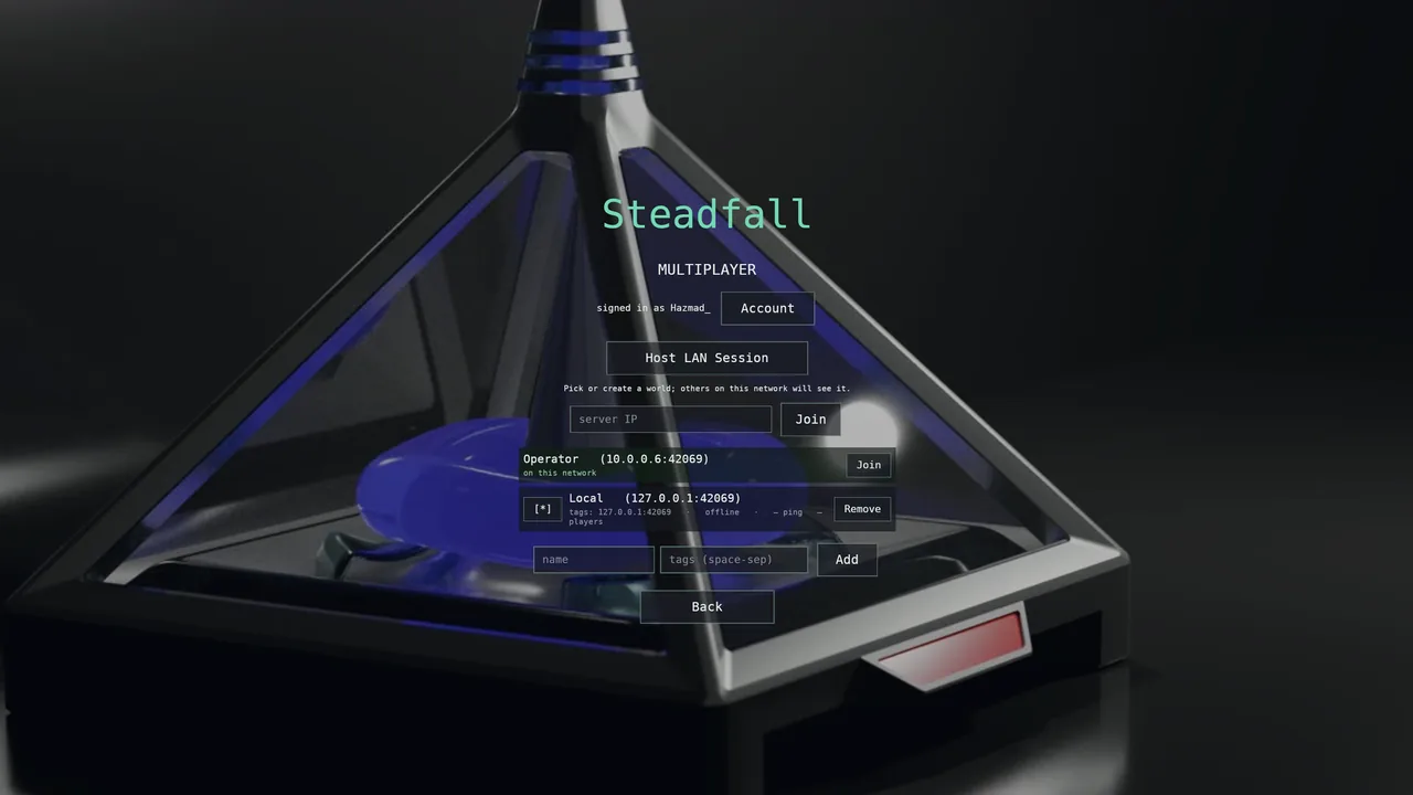 The multiplayer menu: signed in with an account, a Host LAN Session button, a server address field, and a list holding one host found on the network and one saved local entry.