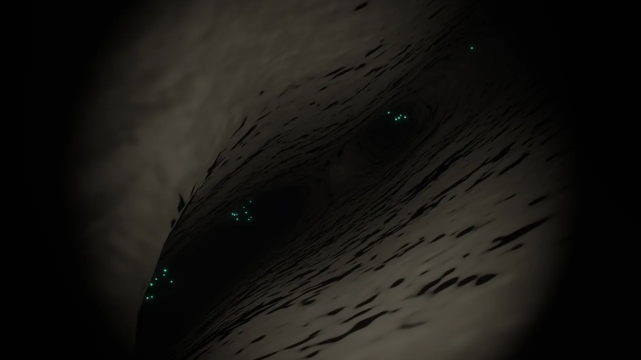 A cave wall in the beam of a headlamp, with clusters of ore glinting pale green out of the dark rock.
