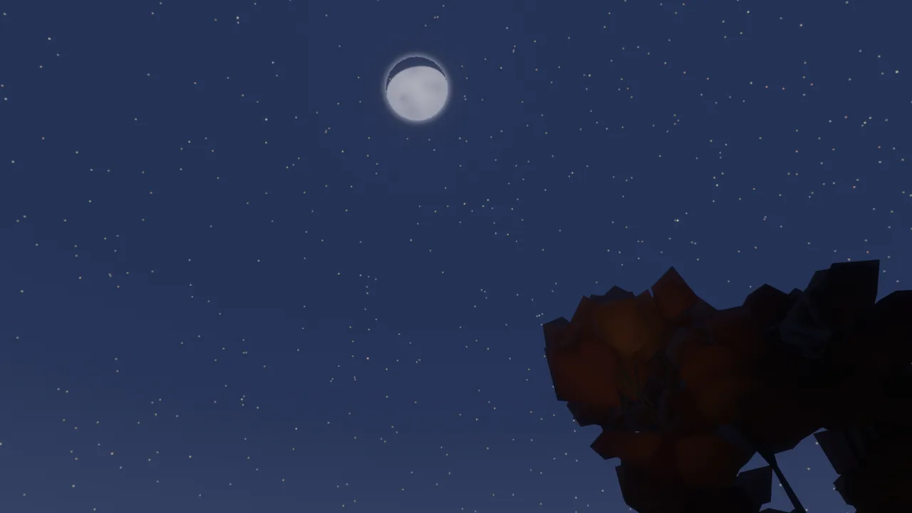 A waxing gibbous moon in a field of stars over a dark treeline.