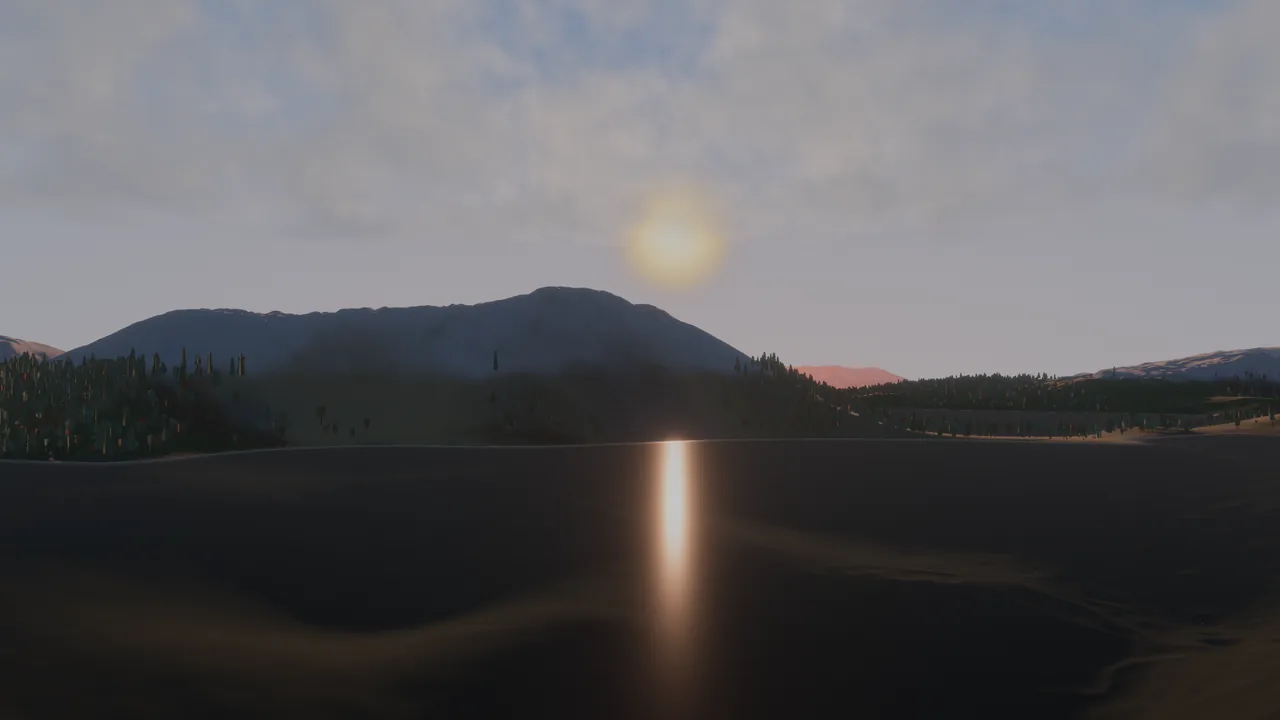 A low sun through haze over a dark lake, its reflection a single bright line on the water, with a mountain and forested shores behind.